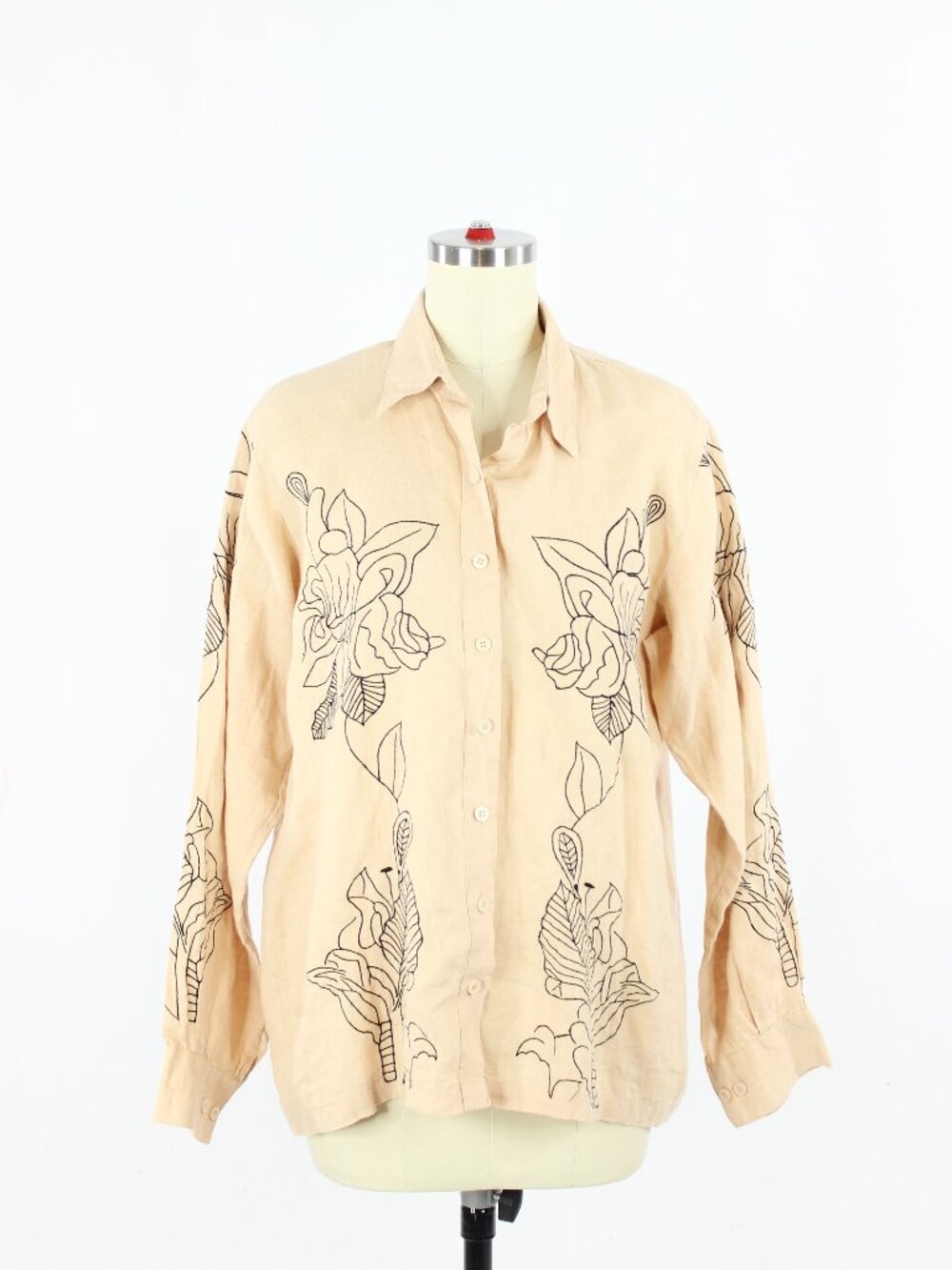 Vintage 00's AMBER Beige Floral Embroidered 100% Linen Button Down Shirt, Size S